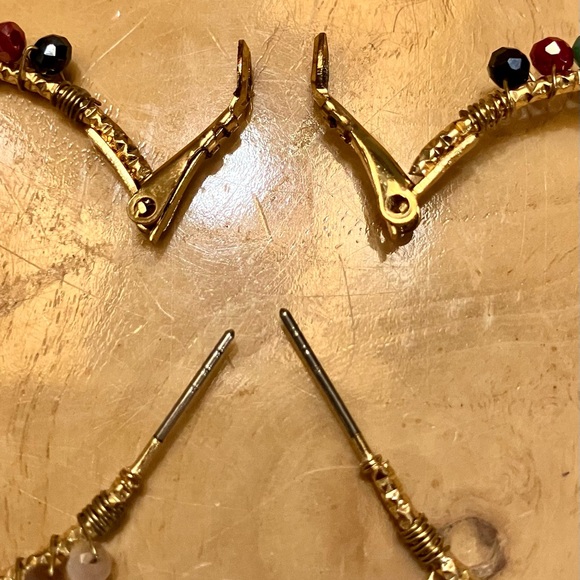 Ladies hoop earrings, gold with colorful shiny beads all around the hoops. - Picture 9 of 11